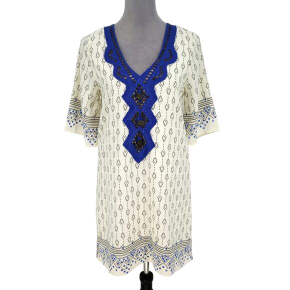 Dina Be Dress Womens Small Ivory Blue Trim Short Sleeve Pullover Resort Vacation - Picture 1 of 13
